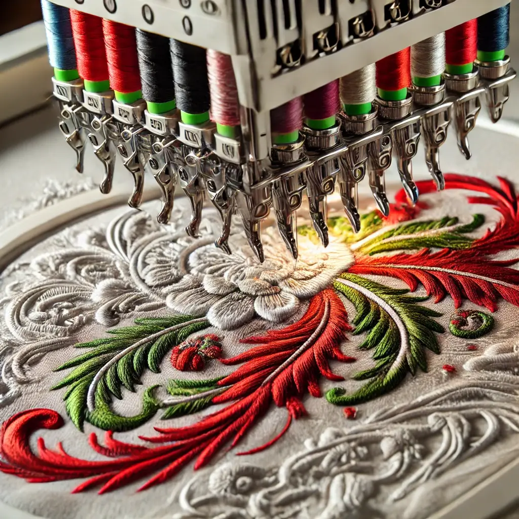 Close up of the same machine creating sharp 3D puff embroidery with detailed